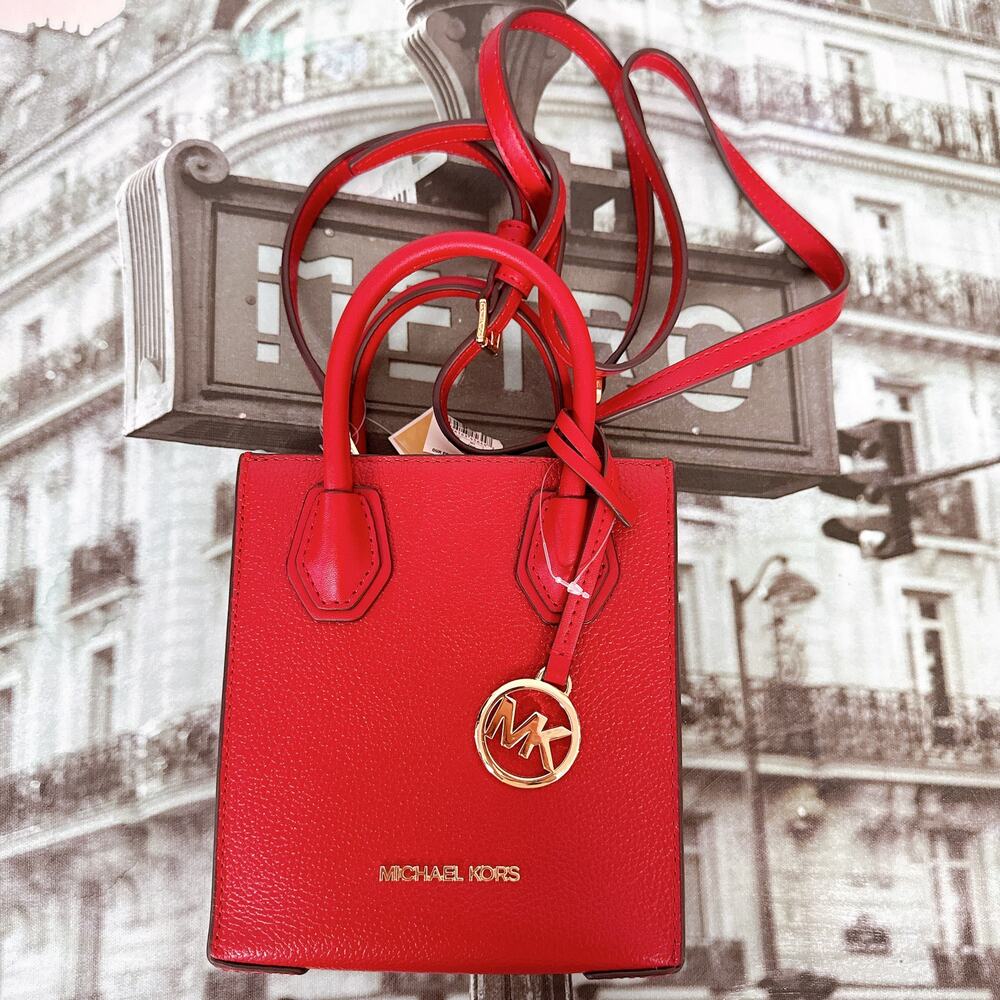 Bright Red MK Mini Leather Satchel Bag, Top Handle Crossbody Purse